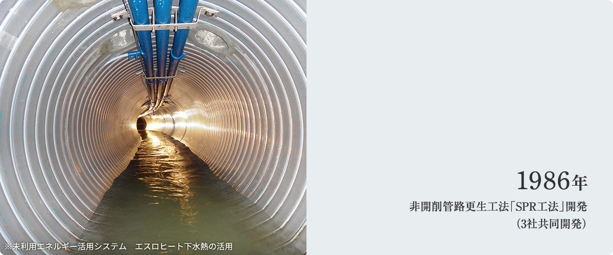 1986年 非開削管路更生工法「SPR工法」開発(3社共同開発) ※未利用エネルギー活用システム エスロヒート下水熱の活用